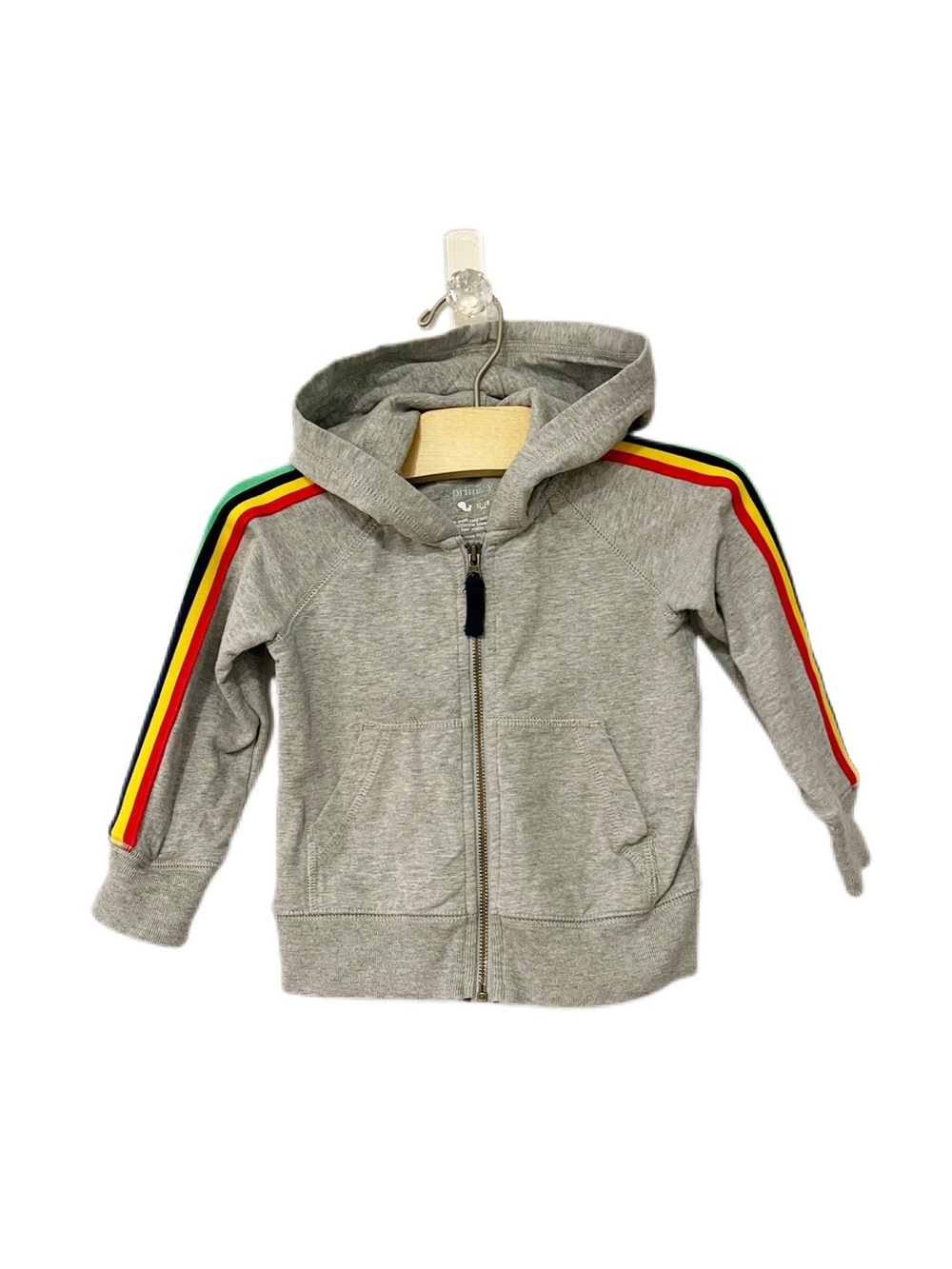 Primary 12-18m Baby Grey Zip Up Hoodie with Rainbow Shoulder Stripes